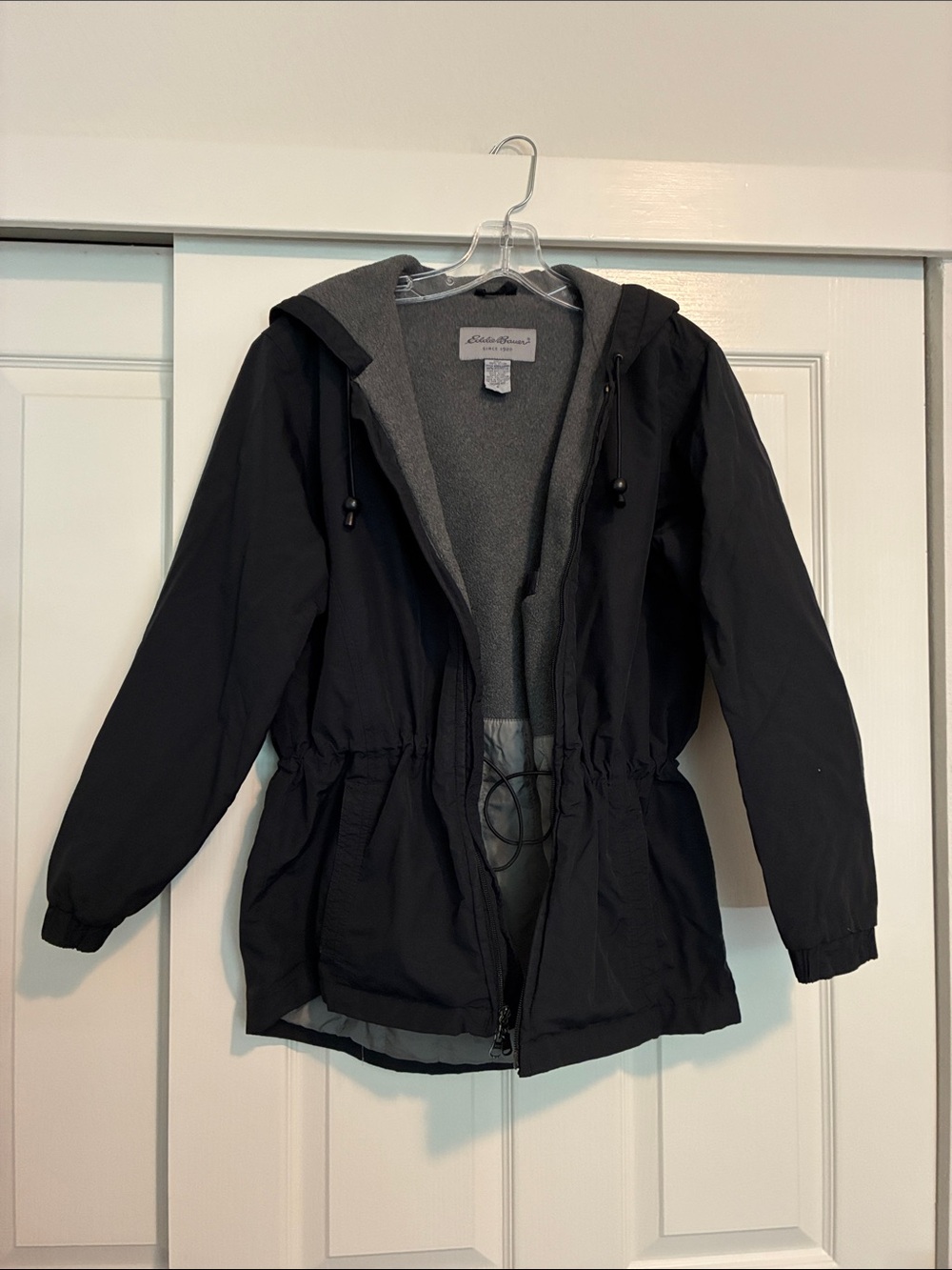 Eddie Bauer Black Hooded Rain Jacket with Gray Inner Lining